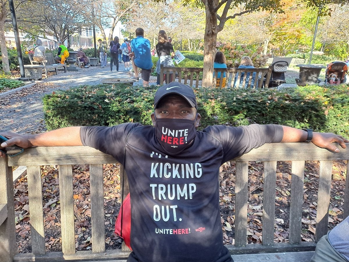 Walter Barrett sits on a park bench in Philadelphia after Biden's win.