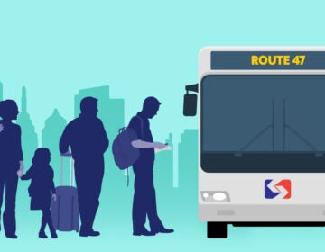 An illustration of people waiting to board SEPTA's Route 47 bus in Philadelphia.