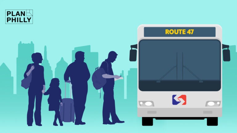 An illustration of people waiting to board SEPTA's Route 47 bus in Philadelphia.