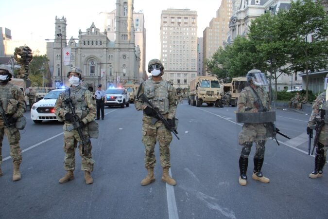 The national guard protects an area around Philadelphia City Hall during protests over the death of George Floyd on June 1, 2020. (Emma Lee/WHYY)