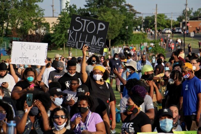 Hundreds arrive at Pennsauken Community Rec Center in Pennsauken, N.J., for a march and vigil to remember George Floyd and others who died at the hands of police. (Emma Lee/WHYY)