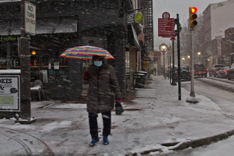 Snow falls in Old City in Philadelphia during a snow storm