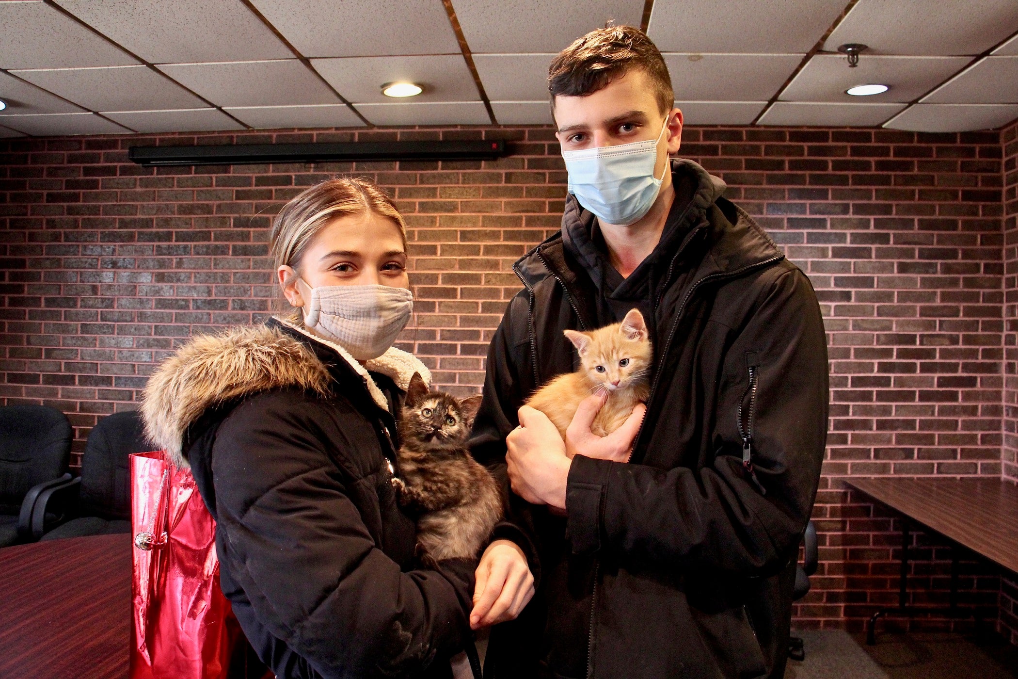 Nicole and Alex Marshall of Burlington Township hold the kittens their family adopted, Luna (left) and Sonny.