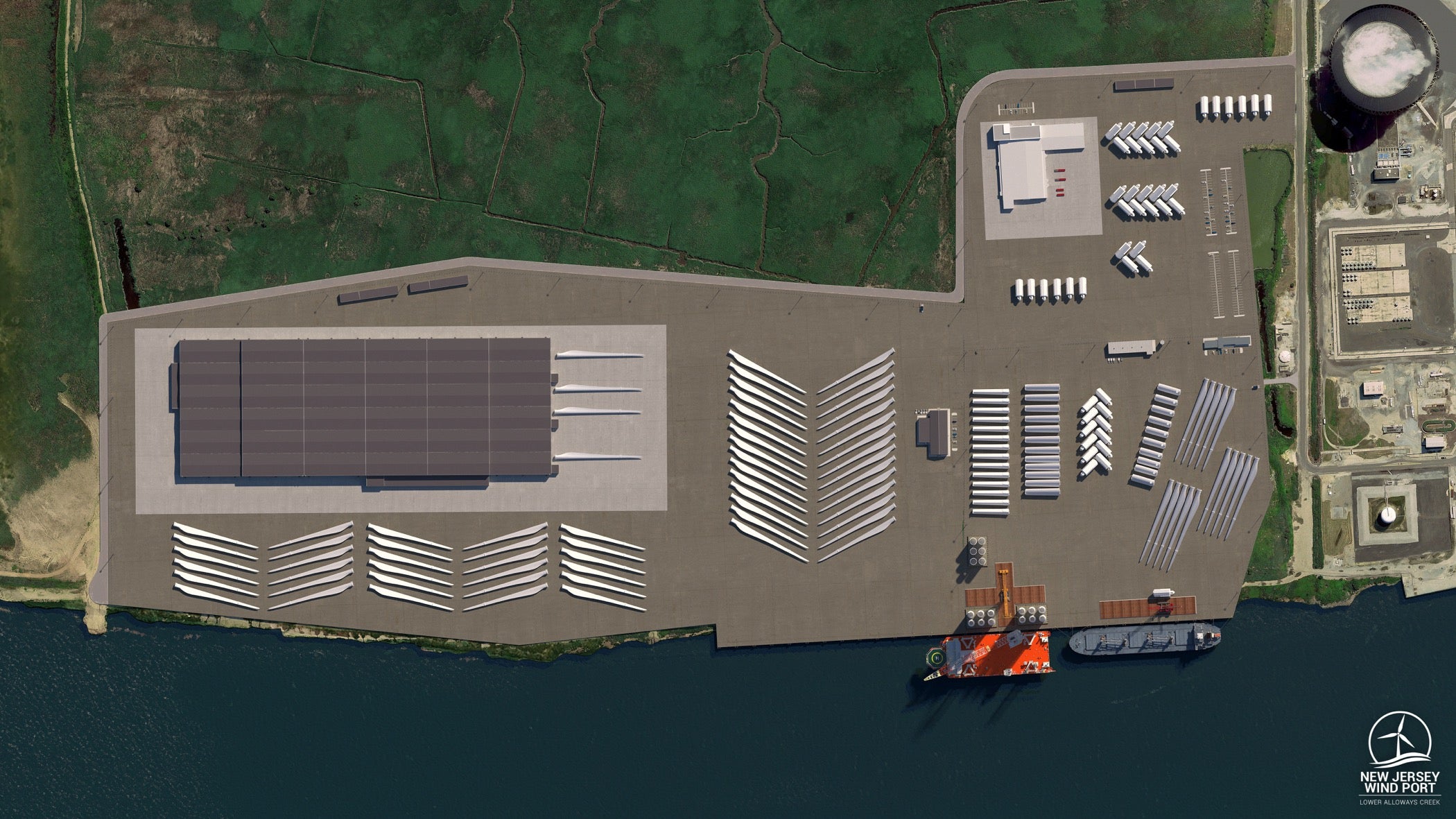 A rendering shows an overhead view of the planned 30-acre marshalling port for the New Jersey Wind Port on Artificial Island in Lower Alloways Township and 130+ acres of adjacent manufacturing space.