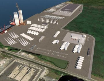 A rendering shows a southern view of the planned 30-acre marshalling port for the New Jersey Wind Port on Artificial Island in Lower Alloways Township and 130+ acres of adjacent manufacturing space.