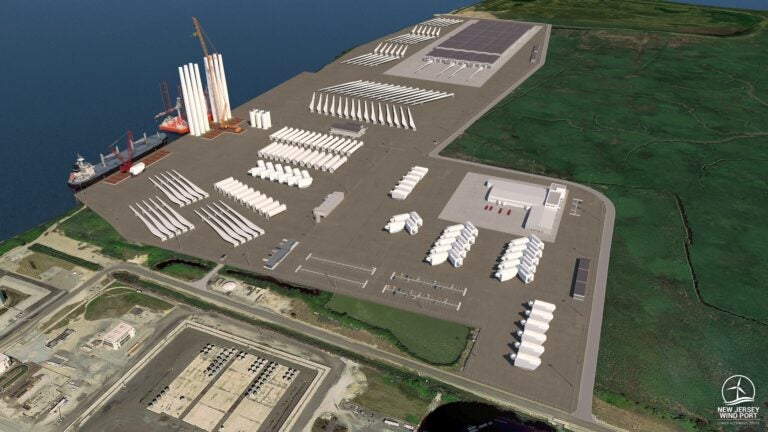 A rendering shows a southern view of the planned 30-acre marshalling port for the New Jersey Wind Port on Artificial Island in Lower Alloways Township and 130+ acres of adjacent manufacturing space.