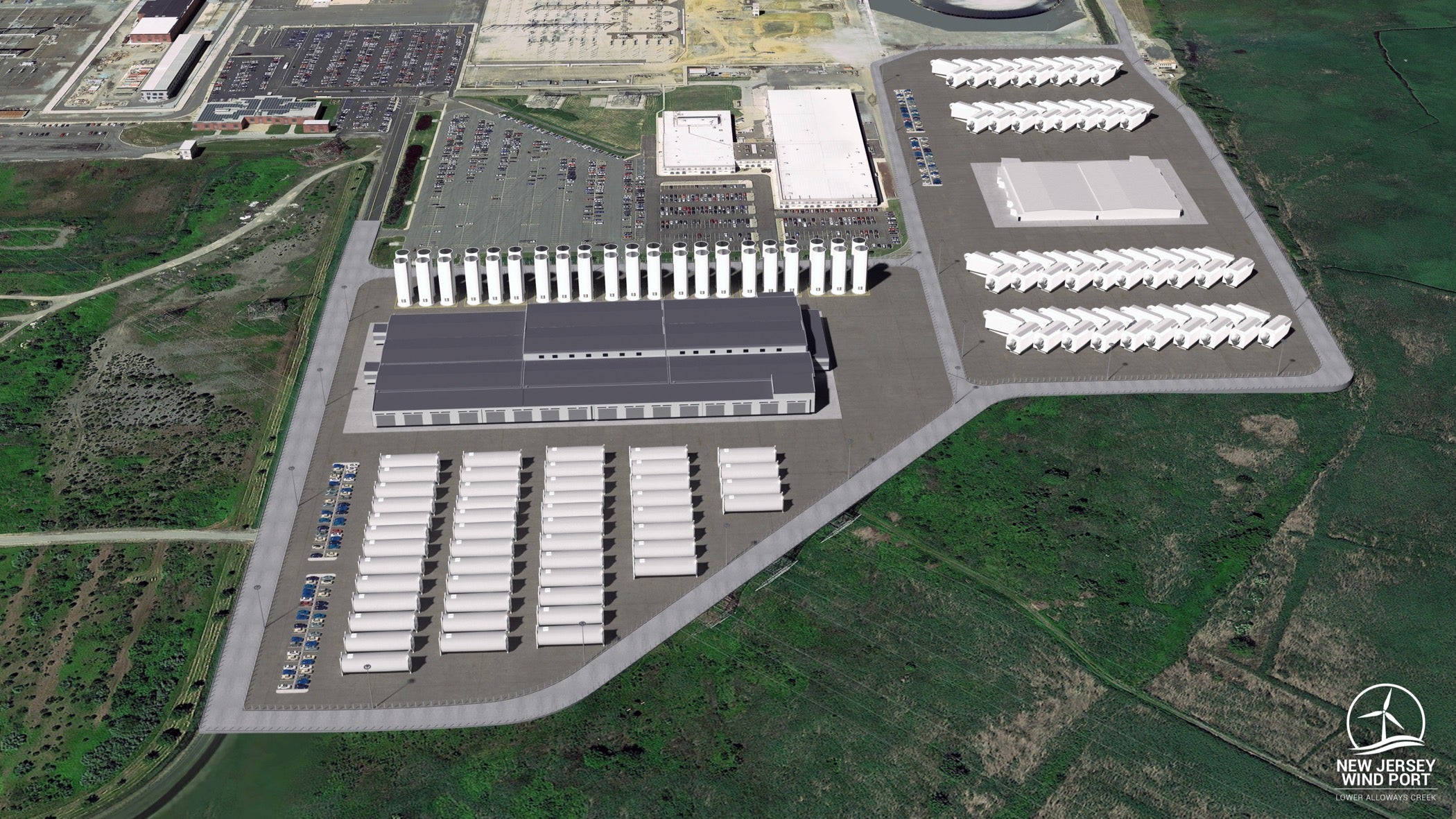 A rendering shows an overhead view of planned 45+ acre manufacturing space for the Wind Port of New Jersey planned for 2023 and 2024. Towers and nacelles, shown here, are two major parts components that make up a offshore wind turbine.