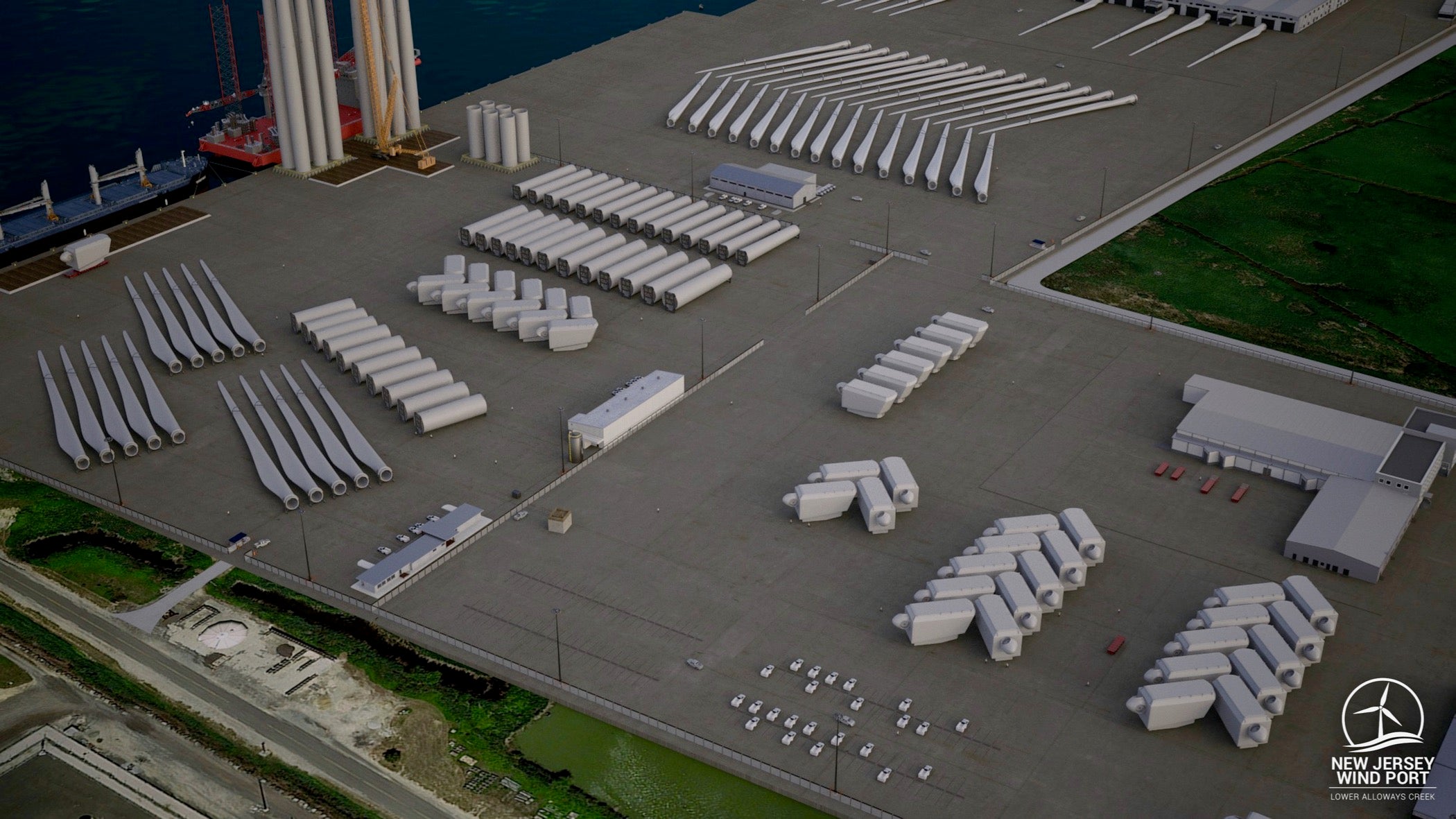 A rendering shows offshore wind turbine components being manufactured, assembled, and staged for shipping to their final destination in the ocean. Blades are more than 350 feet in length, more than the length of a football field.