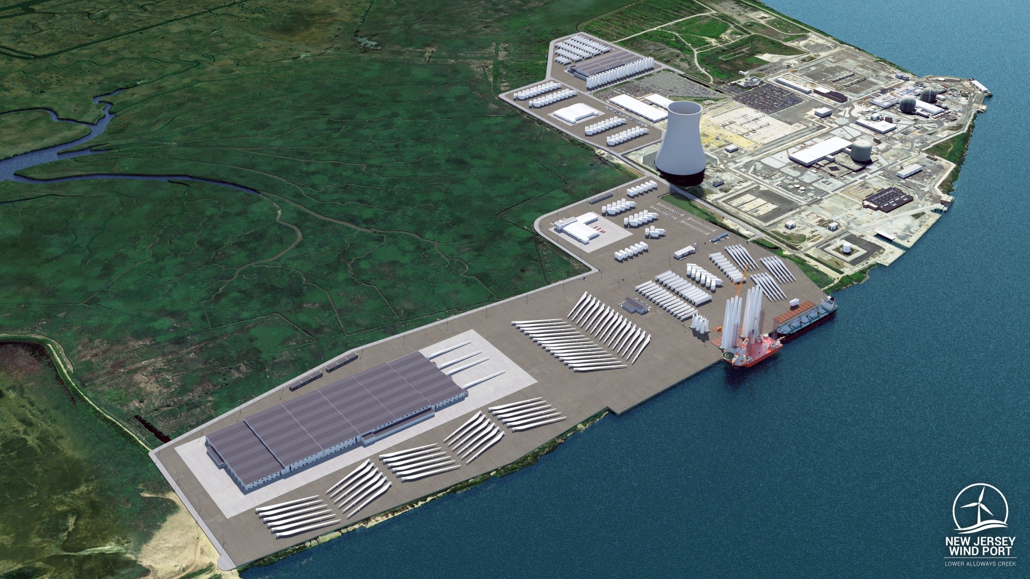 A rendering shows an overhead view of full build out of the Wind Port of New Jersey marshalling and manufacturing port.