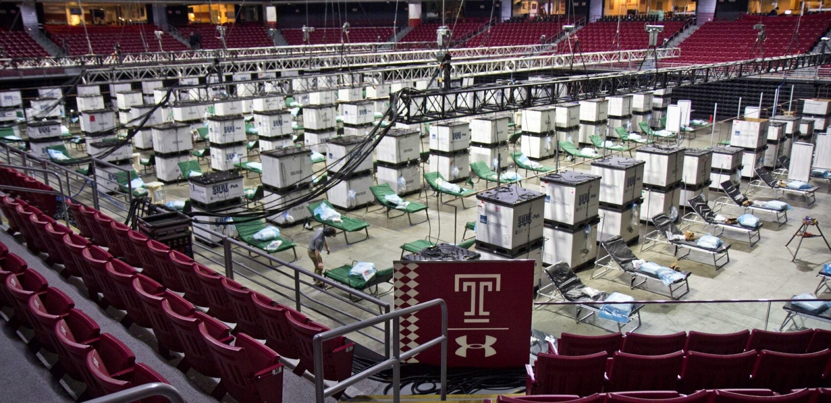 Temple University’s Liacouras Center opens with 180 beds to accommodate an overflow of COVID-19 patients in Philadelphia. (Kimberly Paynter/WHYY)