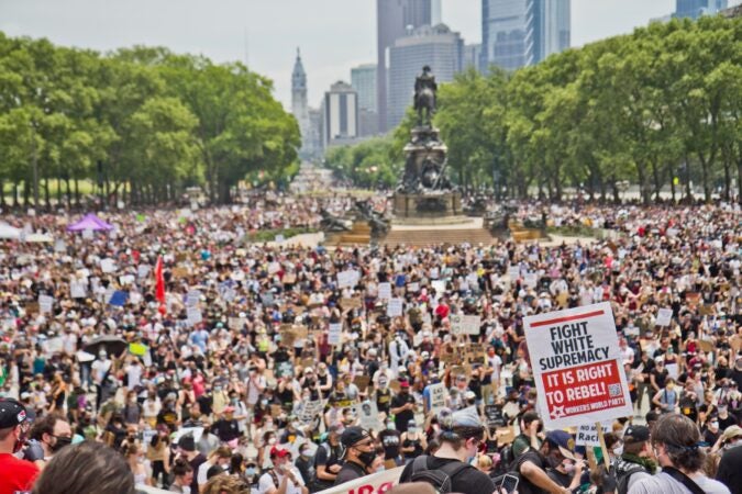 On the 7th straight day of protests in Philadelphia, demonstrators called for an end to police brutality on the steps of the Art Museum. (Kimberly Paynter/WHYY)