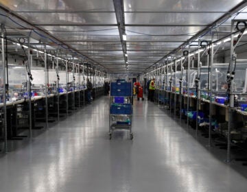 This Wednesday, May 13, 2020 file photo shows work stations in the Ford Rawsonville plant in Ypsilanti Township, Mich. (AP Photo/Carlos Osorio)