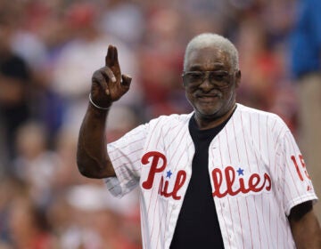 FILE - Former Philadelphia Phillies' Dick Allen waves to the crowd before a baseball game against the New York Mets in Philadelphia, in this Saturday, Aug. 12, 2017, file photo. Dick Allen, a fearsome hitter who was a seven-time All-Star, the 1964 NL Rookie of the Year and the 1972 AL MVP, has died. He was 78. The Philadelphia Phillies, the team Allen started out with, announced his death on Monday, Dec. 7, 2020. (AP Photo/Matt Slocum, File)