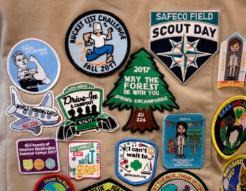 Patches cover the back of a Girl Scout's vest