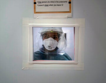 Registered nurse Nicole Grecco looks through a small window while working in a COVID-19 unit at Mission Hospital