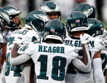 Philadelphia Eagles wide receiver Travis Fulgham (13) with the words 'Black Lives Matter' and Philadelphia Eagles wide receiver Jalen Reagor (18) with the name 'Breonna Taylor' seen on their helmets