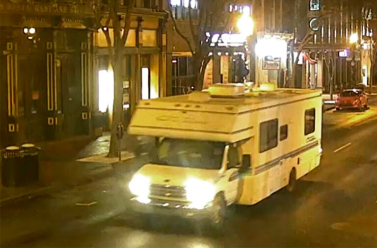 This image taken from surveillance video provided by Metro Nashville PD shows a recreational vehicle that was involved in a blast on Friday, Dec. 25, 2020 in Nashville, Tenn.  (Metro Nashville PD via AP)