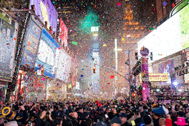 Confetti falls at midnight on the Times Square New Year's Eve celebration in New York