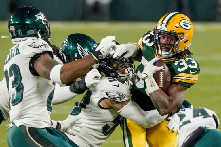 Green Bay Packers' Aaron Jones runs during the second half against the Philadelphia Eagles