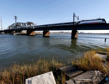 A New Jersey Transit train rides across a portal bridge