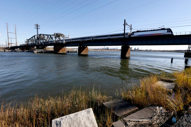 A New Jersey Transit train rides across a portal bridge