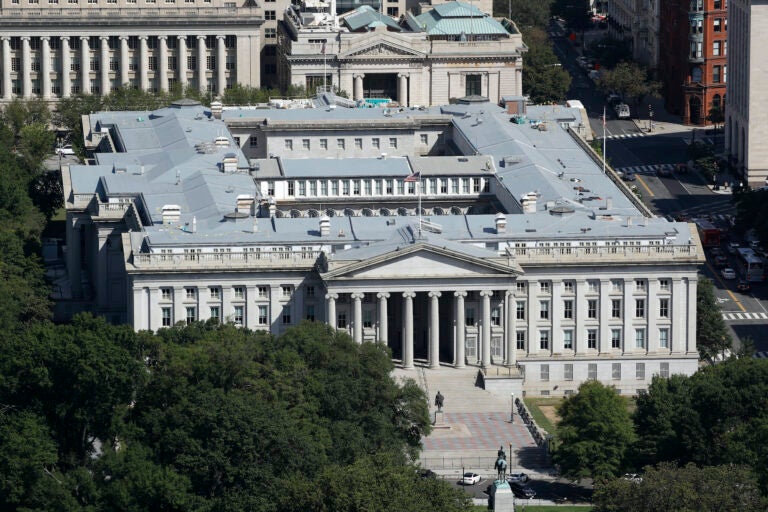 The U.S. Treasury Department building viewed from the Washington Monument