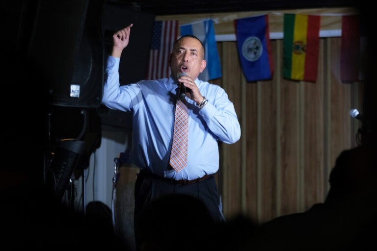 Then-mayoral candidate Eddie Moran gives a speech to supporters gathered at Jet Set Restaurant in Reading, Pennsylvania on Nov. 2, 2019. (Matt Smith for Keystone Crossroads) 