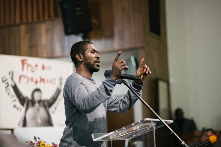 Dante Jones speaking at the People's Hearing at Eastern State Penitentiary in January