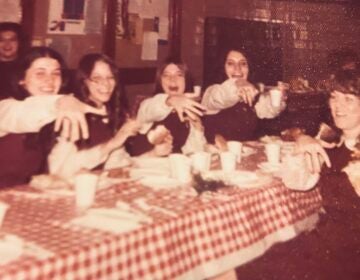 Joanne McLaughlin (at right, back row) and some classmates at a long-ago Ring Day celebration at Little Flower Catholic High School for Girls. (Courtesy of Joanne McLaughlin)