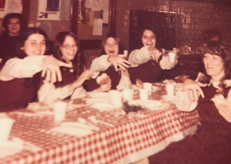 Joanne McLaughlin (at right, back row) and some classmates at a long-ago Ring Day celebration at Little Flower Catholic High School for Girls. (Courtesy of Joanne McLaughlin)