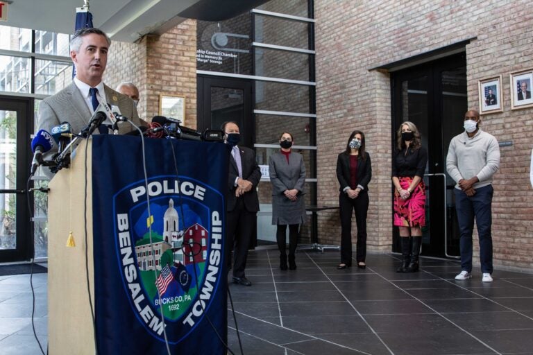 Bucks County officials speak during a press conference on Dec. 3, 2020, announcing a new program where social workers trained in crisis intervention work with police officers. (Kimberly Paynter/WHYY)