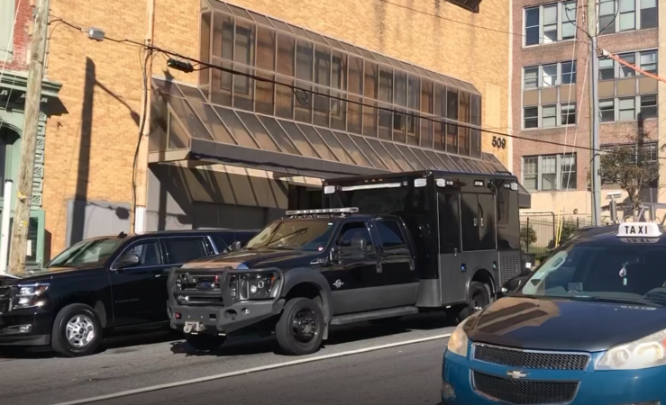 Biden's motorcade to and from The Queen includes this vehicle equipped with medical facilities. (Cris Barrish/WHYY)