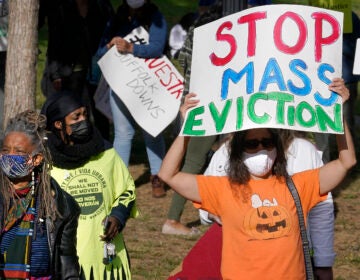 Protesters call for support for tenants and homeowners at risk of eviction during a demonstration on Oct. 11 in Boston