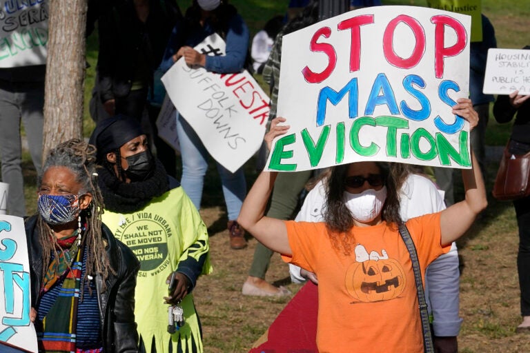 Protesters call for support for tenants and homeowners at risk of eviction during a demonstration on Oct. 11 in Boston