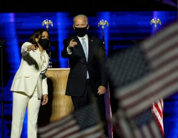 President-elect Joe Biden, right, on stage with Vice President-elect Kamala Harris, left, Saturday, Nov. 7, 2020, in Wilmington, Del.