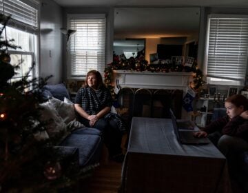 Eileen Carroll, left, sits for a portrait as her daughter, Lily, 11, attends school remotely from their home in Warwick, R.I