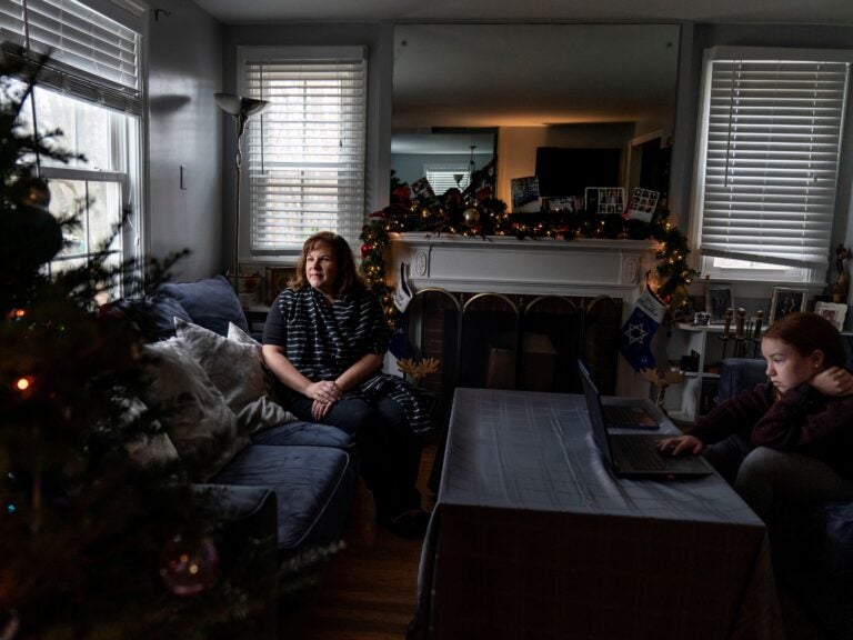 Eileen Carroll, left, sits for a portrait as her daughter, Lily, 11, attends school remotely from their home in Warwick, R.I