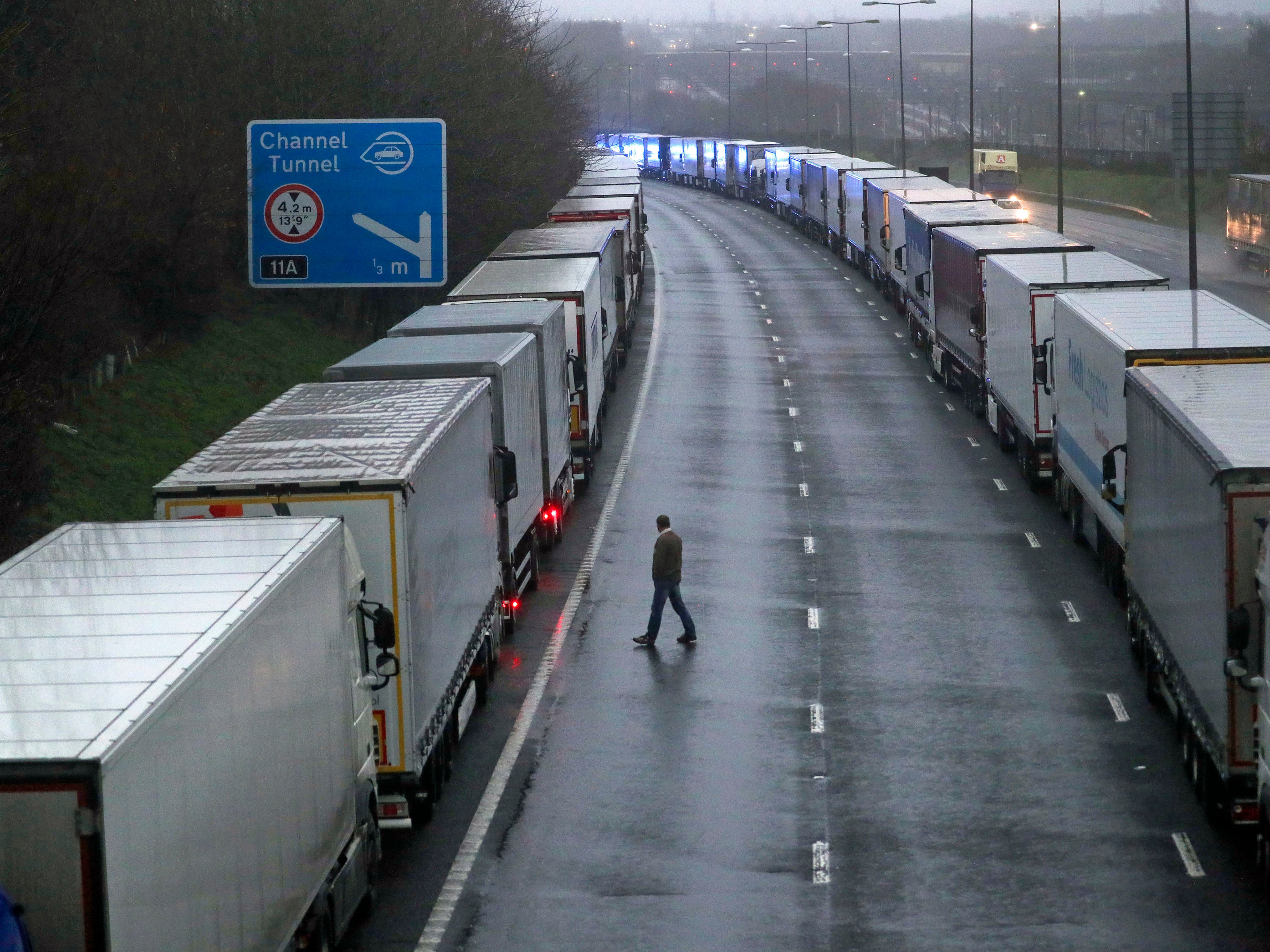 Freight trucks are parked on the M20 near Folkestone