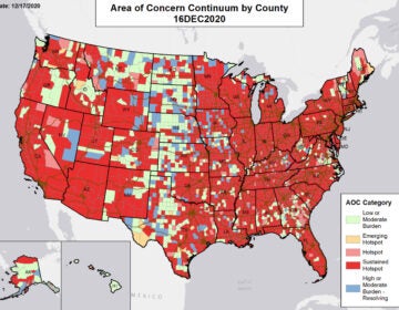This map highlights what the government considers areas of concern around the country. Red counties are 