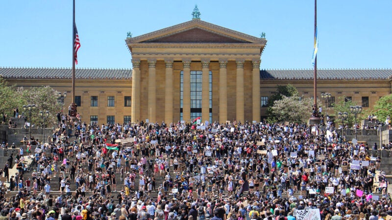 Thousands gather near the Art Museum steps during a protest against police brutality in the summer of 2020.