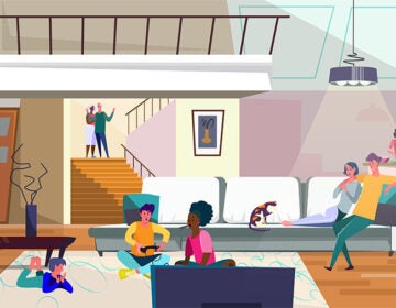 Kids playing video games, women cooking in kitchen, living room flat vector illustration