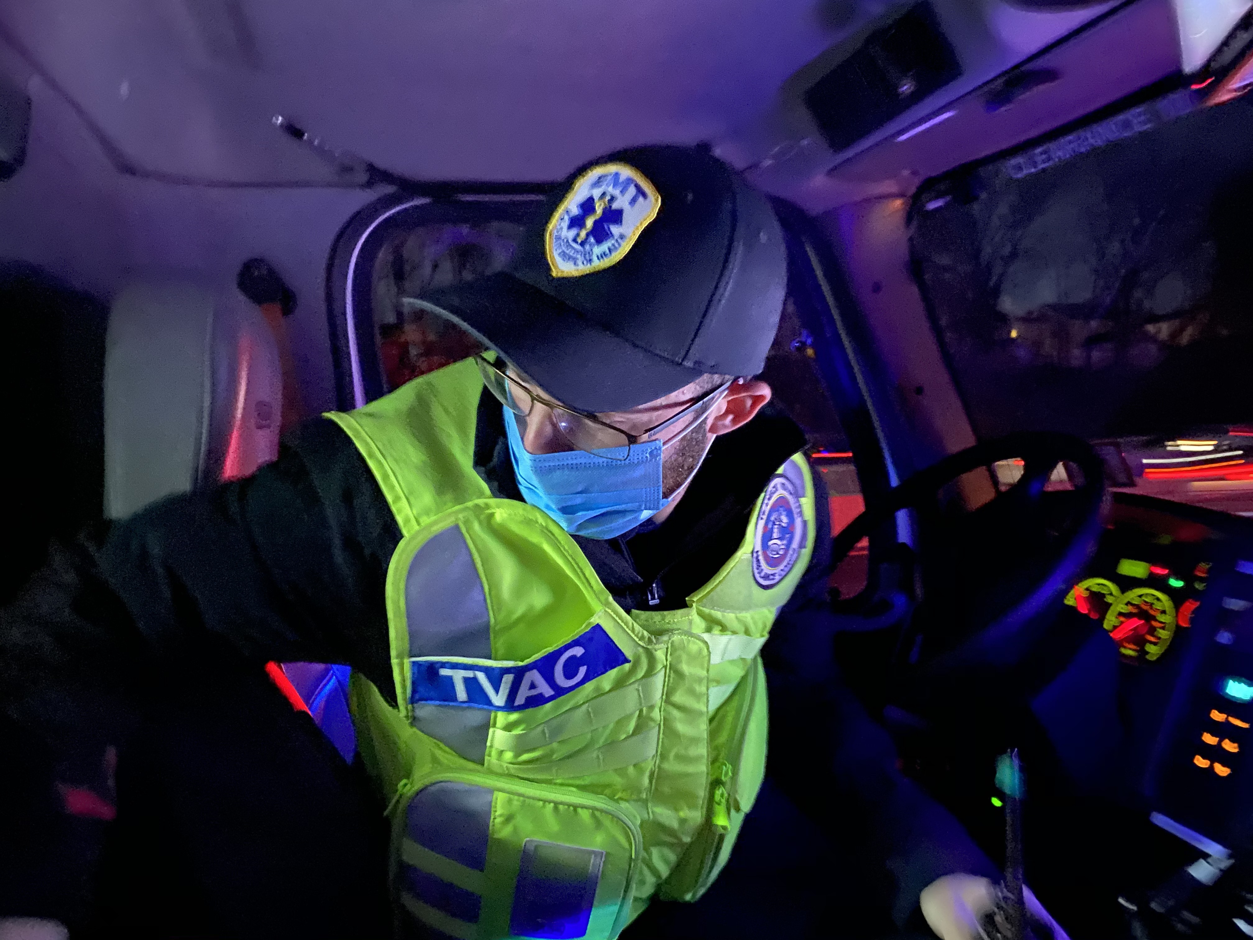 Volunteer with the Teaneck Ambulance Volunteer Corps Amiel Rimberg, 22, responds to a motor vehicle accident