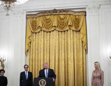 President Trump speaks as Jovita Carranza, administrator of the Small Business Administration; Treasury Secretary Steven Mnuchin; and Ivanka Trump, advisor to the president, listen during a Paycheck Protection Program event in the East Room of the White House