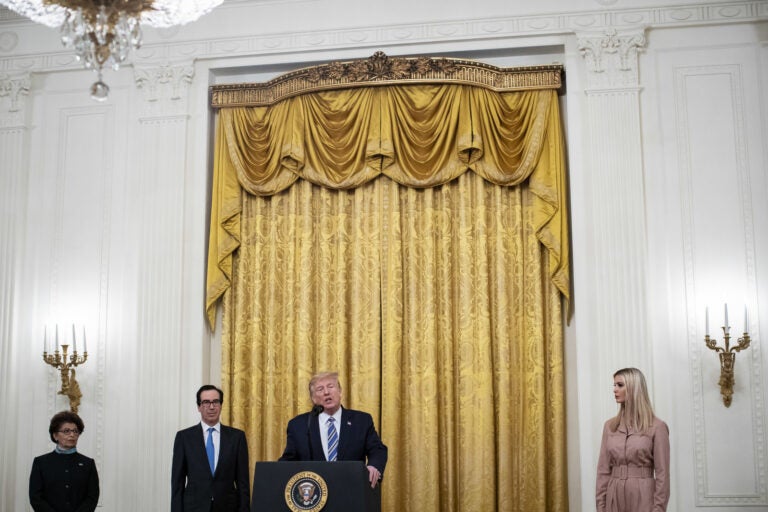 President Trump speaks as Jovita Carranza, administrator of the Small Business Administration; Treasury Secretary Steven Mnuchin; and Ivanka Trump, advisor to the president, listen during a Paycheck Protection Program event in the East Room of the White House