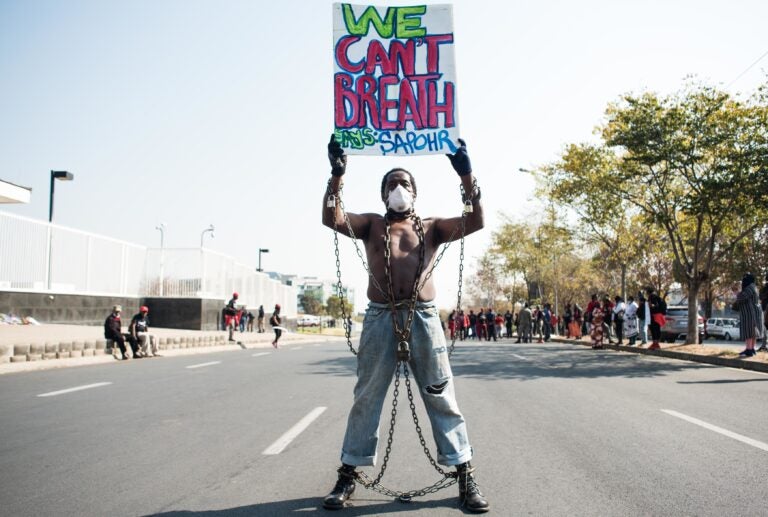 Members of Economic Freedom Fighters (EFF) protest against the killing of George Floyd outside U.S. Consulate in solidarity with Black Lives Matter movement