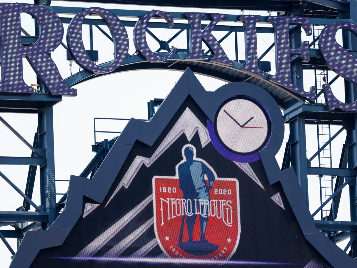 A detail of the scoreboard honoring the 100th anniversary of the Negro Leagues on display during a game between the Colorado Rockies and the Texas Rangers at Coors Field in Denver in August.