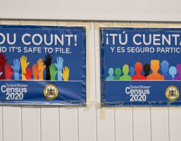 Signs promoting the 2020 census hang on a fence in Reading, Pa., in September. The Census Bureau has found irregularities in this year's census responses that could affect the counting of millions of people. (Ben Hasty/MediaNews Group/Reading Eagle via Getty Images)