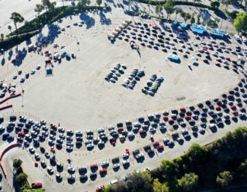 Cars are lined up at Dodger Stadium in Los Angeles for coronavirus testing