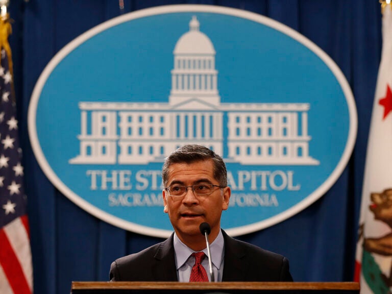 California Attorney General Xavier Becerra speaks during a press conference at the California State Capitol