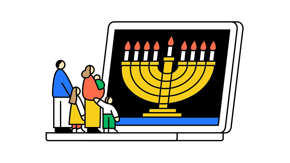 An illustration of a family standing on a keyboard looking at a lighted menorah
